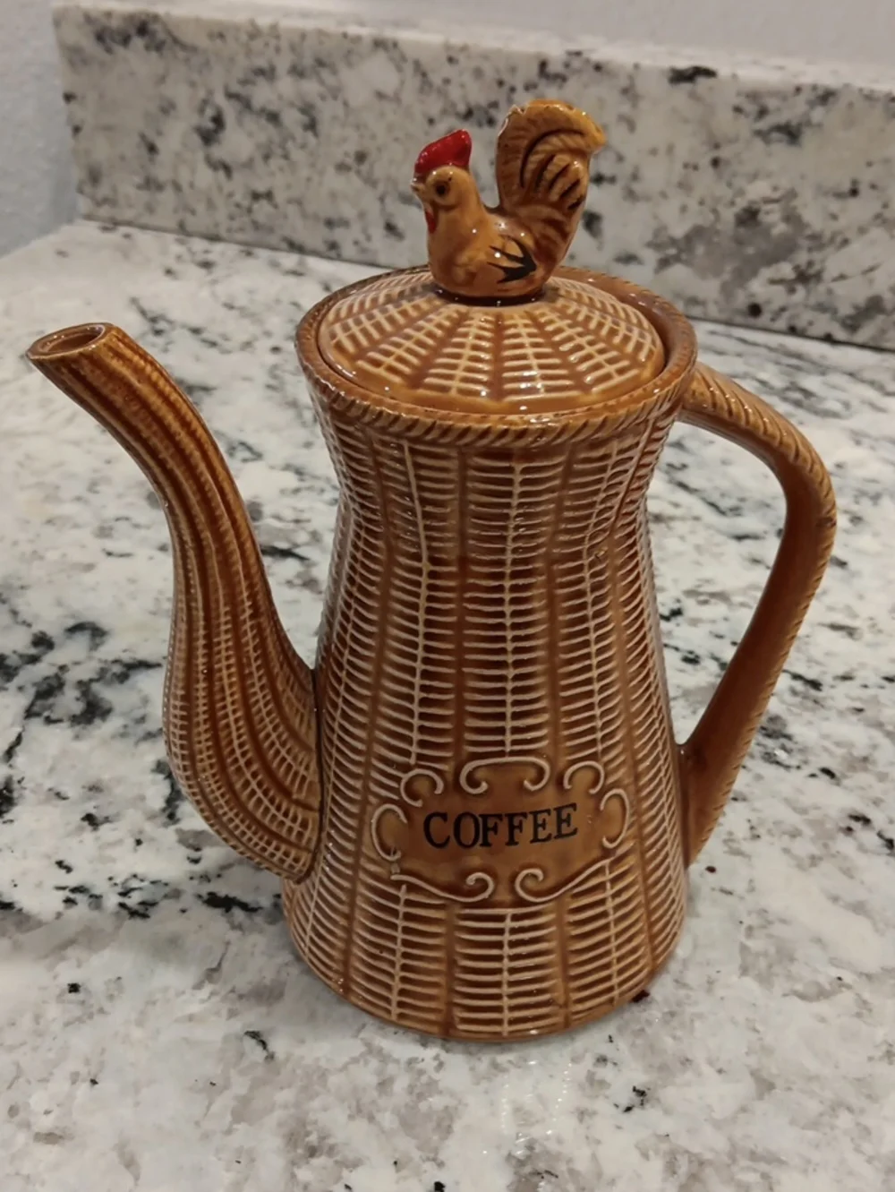 Brown Vintage Ceramic Coffee Pot with Rooster Lid - Classic Kitchen Accent